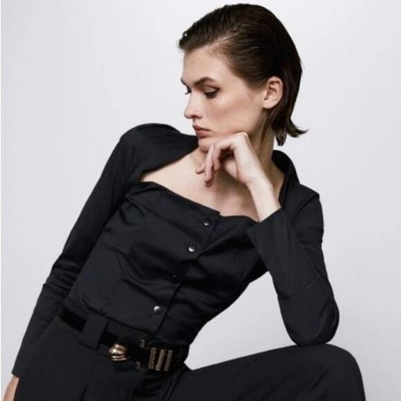 Zara Tops - Zara Black poplin square neckline long sleeve button down shirt blouse NEW XS